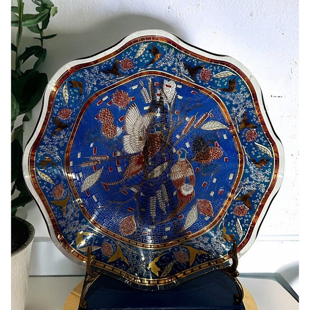 Vtg MCM Houze Art Glass Ruffled Edge Pheasant Decorative Bowl Blue Gold Textured